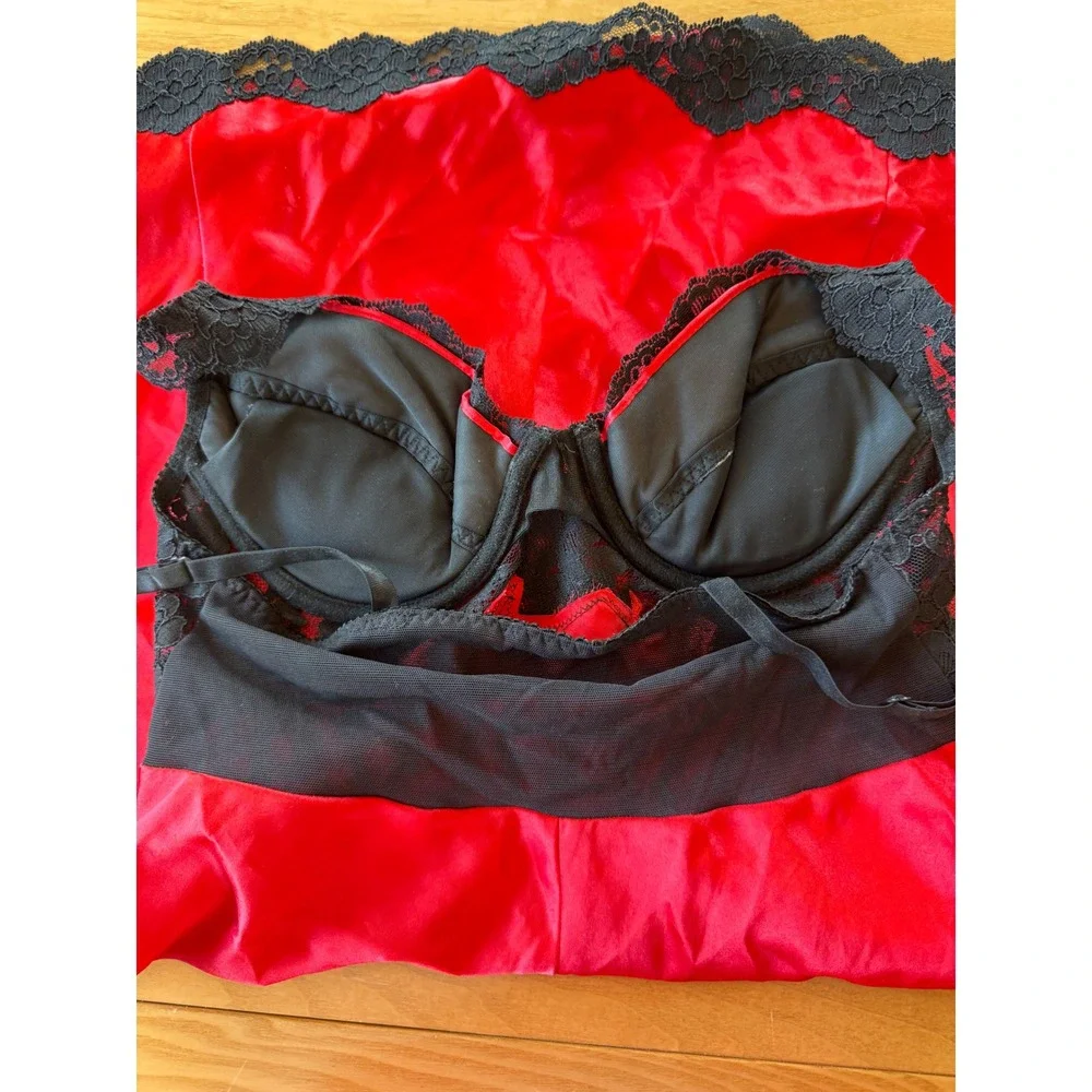 Y2K Victoria Secret Lingerie Set Women S Red Black Lace Satin Robe Slip Babydoll - Picture 12 of 16
